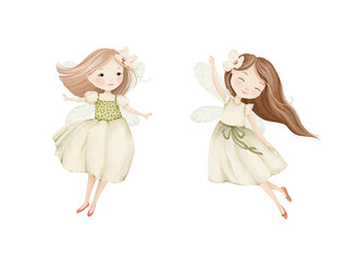 Two cute fairies, watercolor isolated illustration for your design. Beautiful little girls with flowers in hair and delicate green dresses.