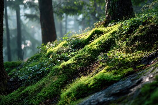 Lush green moss blankets a forest floor, bathed in morning light