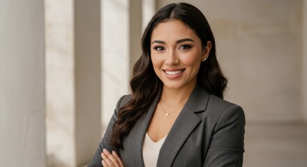 Smiling Young Professional Woman with Arms Crossed in Gray Suit