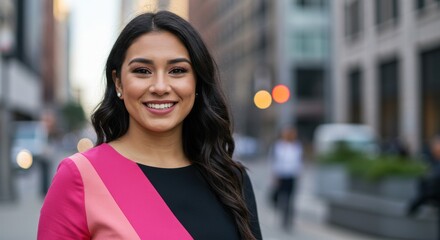 Smiling Woman Portrait in City Street with Pink and Black Dress
