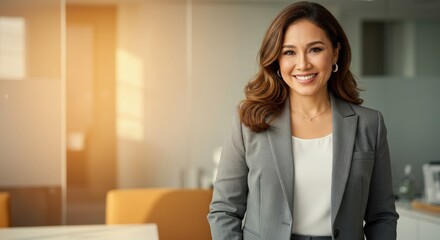Smiling Woman Wearing Business Suit in Modern Office