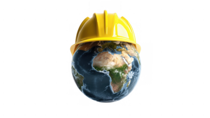 Globe under a yellow helmet, created with AI, PNG