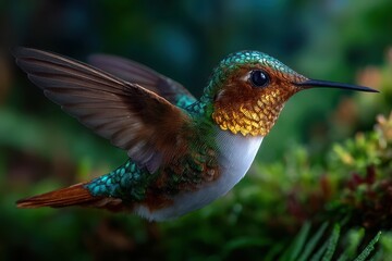 Fototapeta premium Detailed closeup of a Rufous hummingbird midflight showcasing its vibrant colors and delicate feathers, in PNG set with transparent background
