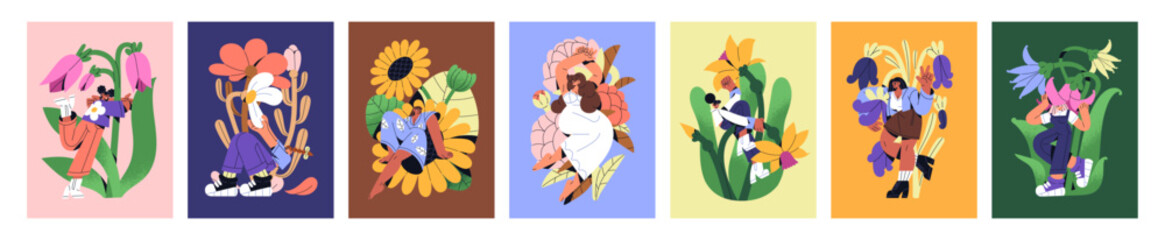 Set of greeting card designs with tiny people in flowers. Postcard templates with happy girls and wildflowers. Layouts with young women hug, love, sit on blooming plants. Flat vector illustrations