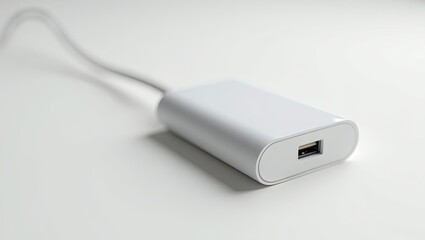 Fototapeta premium White rectangular power adapter on a white surface.