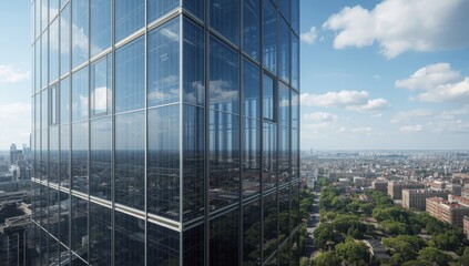 Modern Glass Skyscraper Reflecting the Cityscape and Sky Above Green Urban Parks