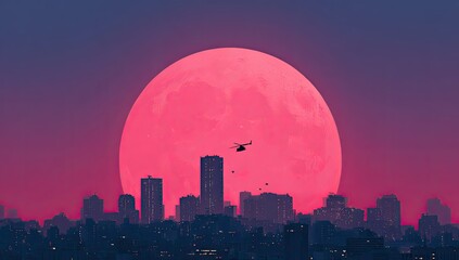 Fototapeta premium Pink moon dominates a city skyline at dusk, a helicopter and falling objects visible against it