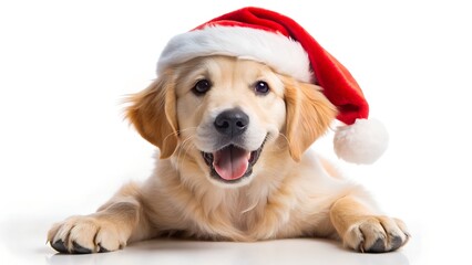 A happy golden retriever puppy wearing a santa hat, lying down and looking at the camera with its mouth open, isolated on white background