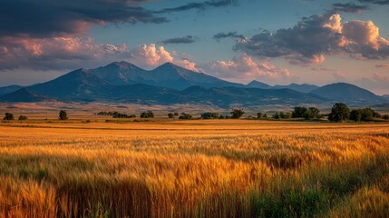 Golden wheat field stretches towards a mountain range at sunset