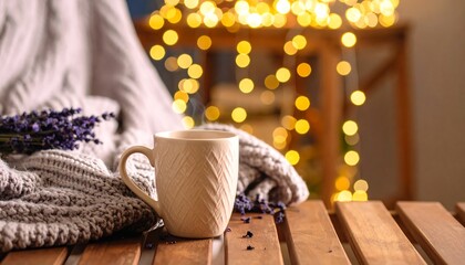 Cozy evening with warm drink, lavender, blanket and lights for restful break