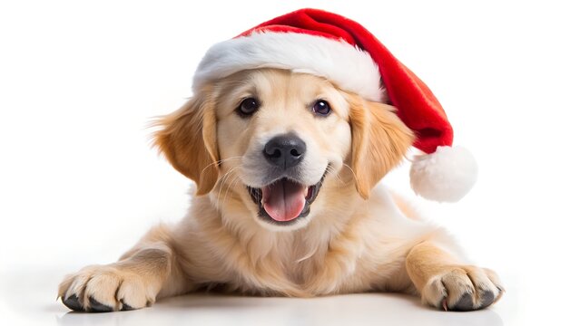 A happy golden retriever puppy wearing a santa hat, lying down and looking at the camera with its mouth open, isolated on white background