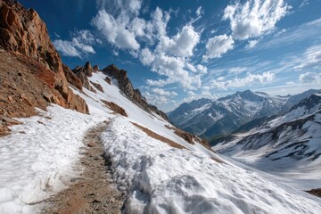 High-altitude mountain path winds through snow-covered slopes under a vibrant sky