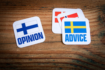 National flags and communication concepts on wooden background