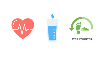 Health & Fitness Tracking Icons Heart Rate, Hydration, Steps
