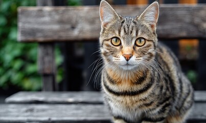 Fototapeta premium Close-up of a tabby cat sitting on a rustic wooden bench