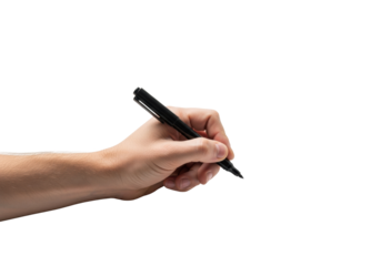 Male hand with fair skin, light arm hair, holding black marker pen poised above unseen surface on pristine transparent background with subtle shadow & copy space, precision & creation concept