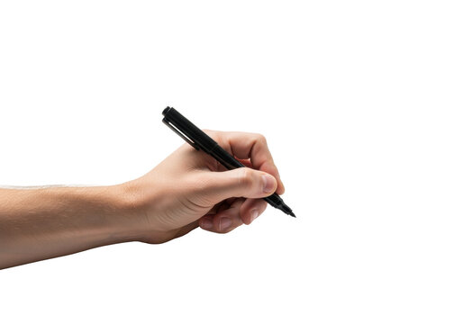 Male hand with fair skin, light arm hair, holding black marker pen poised above unseen surface on pristine transparent background with subtle shadow & copy space, precision & creation concept