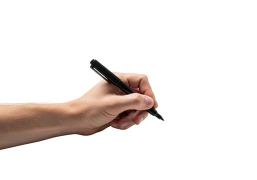 Male hand with fair skin, light arm hair, holding black marker pen poised above unseen surface on pristine transparent background with subtle shadow & copy space, precision & creation concept - Powered by Adobe