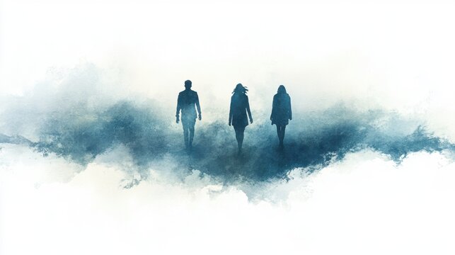 Abstract silhouettes of people walking in misty blue landscape. International Day of the Disappeared