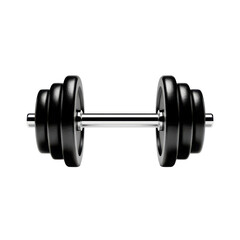A shiny silver dumbbell with black weights on both ends isolated on transparent background