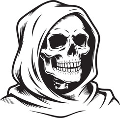 Fototapeta premium Grim Reaper Skull in Hooded Robe Detailed Black and White Vector Illustration Depicting Death's Macabre Visage