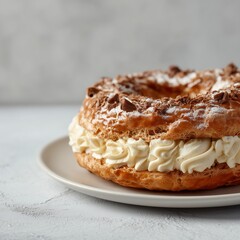 Delicious cream puff pastry ring on a plate