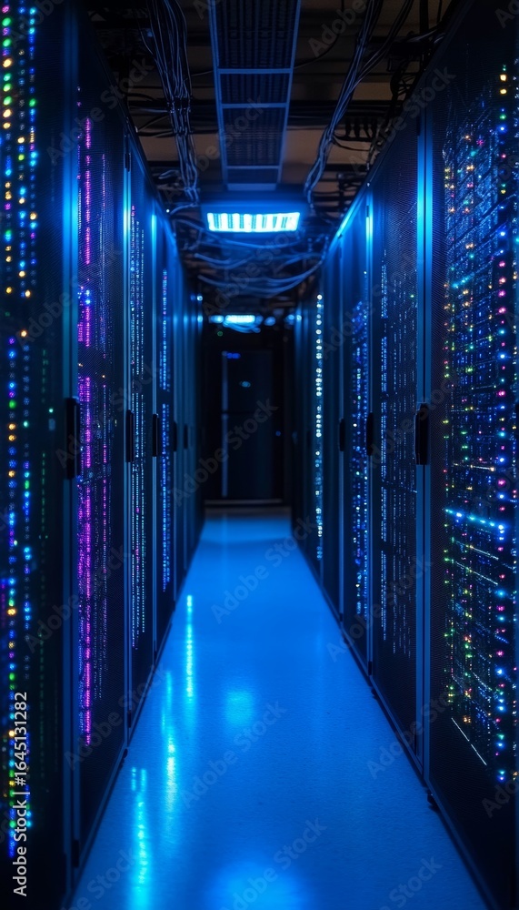 Poster modern data center interior with server racks and advanced it networking infrastructure design