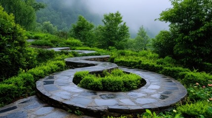 A misty morning view of a stone spiral path nestled within a verdant garden landscape