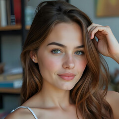 Fototapeta premium Portrait of beautiful woman with brown hair and green eyes smiling indoors