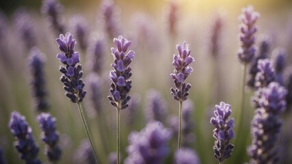 Naklejka premium Lavender field in bloom: A serene close-up captures the beauty of a blooming lavender field. The image showcases the soft hues and textures of the lavender flowers bathed in natural sunlight.