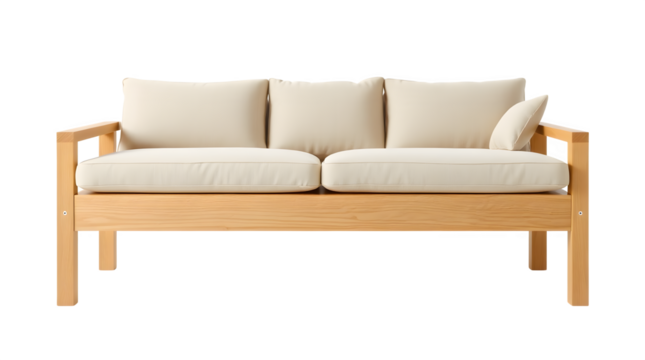 Modern beige sofa with wooden frame on transparent background