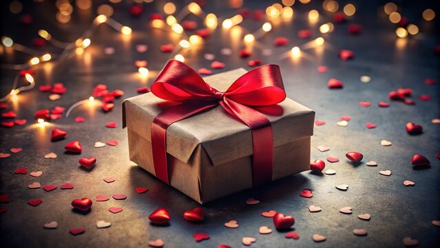 A beautifully wrapped gift box with a red ribbon and bow, surrounded by small red hearts and festive bokeh lights, symbolizing love and celebration