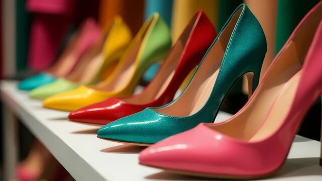 Row of colorful high heel shoes on a shelf