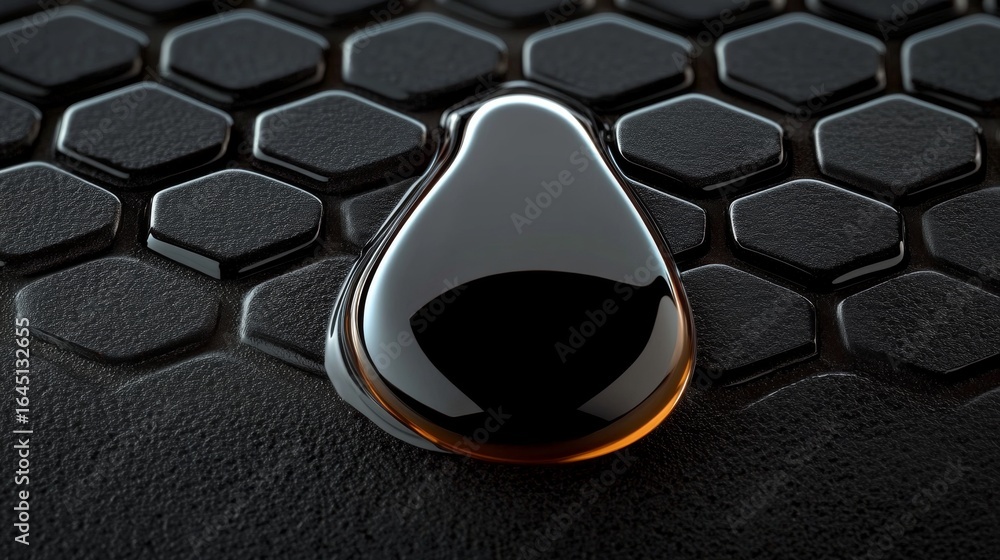 Poster elegant glossy black drop on a hexagonal texture background, modern abstract design concept