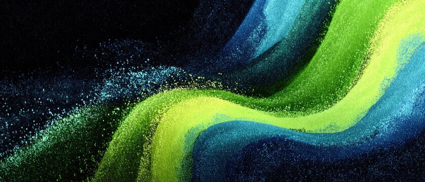 Abstract dynamic swirls of vibrant green and blue hues against a dark background.  Detailed textured patterns with subtle sparkles