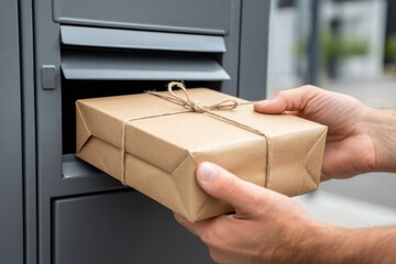 Hands taking a parcel from a mailbox, wrapped in brown paper and tied with string, ready for delivery.