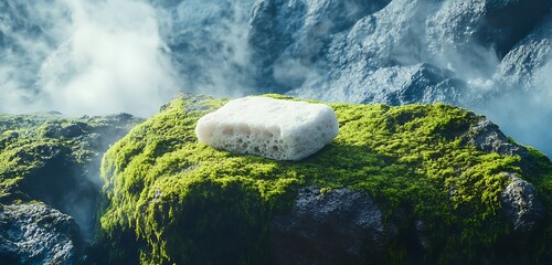 Natural product mock laying on mossy stone with mist and cold blue tones