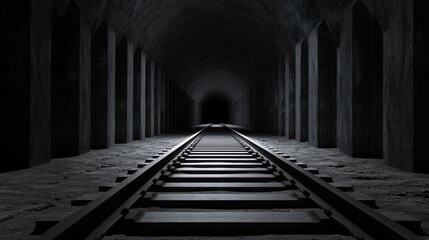 Fototapeta premium Abandoned railway tunnel with rusty tracks fading into the darkness, linear symmetry drawing the eye inward