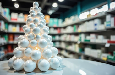 empty white flasks without labels, folded in the form of a Christmas tree on a blurred background, with medicines in the pharmacy. free space for text. Pharmacology