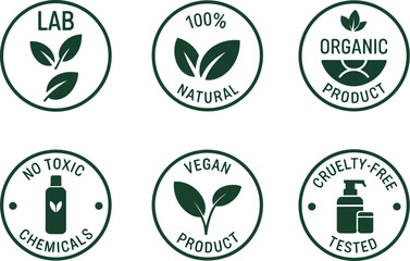 Eco Certification Icon Set with Natural Organic Vegan Cruelty Free and Lab Tested Labels – Vector Badge Design