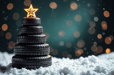 Christmas tree made of car tires on a blurry background with yellow lights. Christmas greeting card from a car repair shop. free space for text
