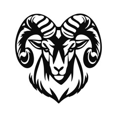 Ram head illustration, mountain goat logo, wild animal emblem, horned beast design, tribal goat art symbol	