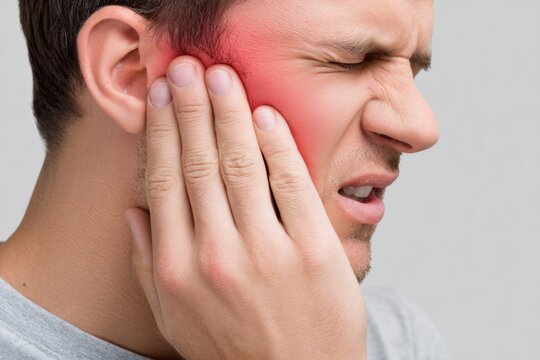 Close-up of a man holding his cheek and ear, his face expressing discomfort due to pain.