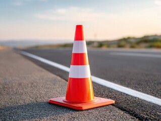 Bright orange and white traffic cone on asphalt road, with blurred background of a highway at sunset.