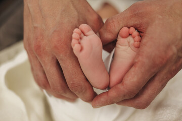  Close up of a parents hands gently holding newborn baby feet in a heart shape. Symbol of love,...