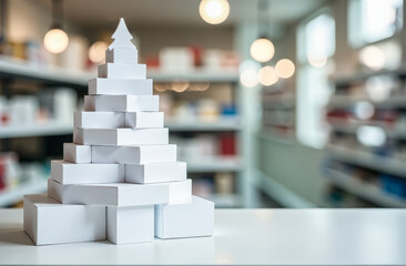 empty white boxes without labels stacked in the shape of a Christmas tree on a blurred background with medical supplies in a pharmacy. free space for text