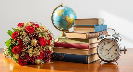 Stack of old books with vintage alarm clock, globe and red flowers on wooden desk, classic education and learning still life composition