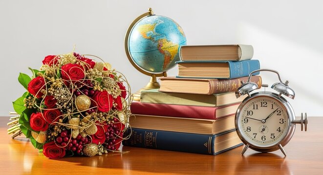 Stack of old books with vintage alarm clock, globe and red flowers on wooden desk, classic education and learning still life composition