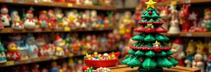 A decorated toy tree in a children's toy store. a banner for advertising a children's goods store