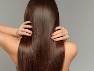 Naklejka premium Close-up of silky, smooth, straight brown hair seen from the back, with a hand gently touching it, captured against a minimal grey background . Perfect for beauty, haircare